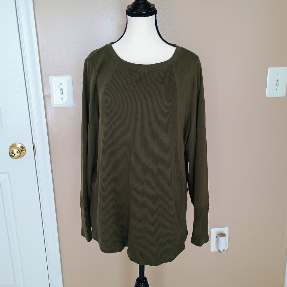 QVC-KIM GRAVEL-OLIVE GREEN-RIBBED LONG SLEEVE ROUND NECK TOP-SIZE 1X-COTTON/POLY